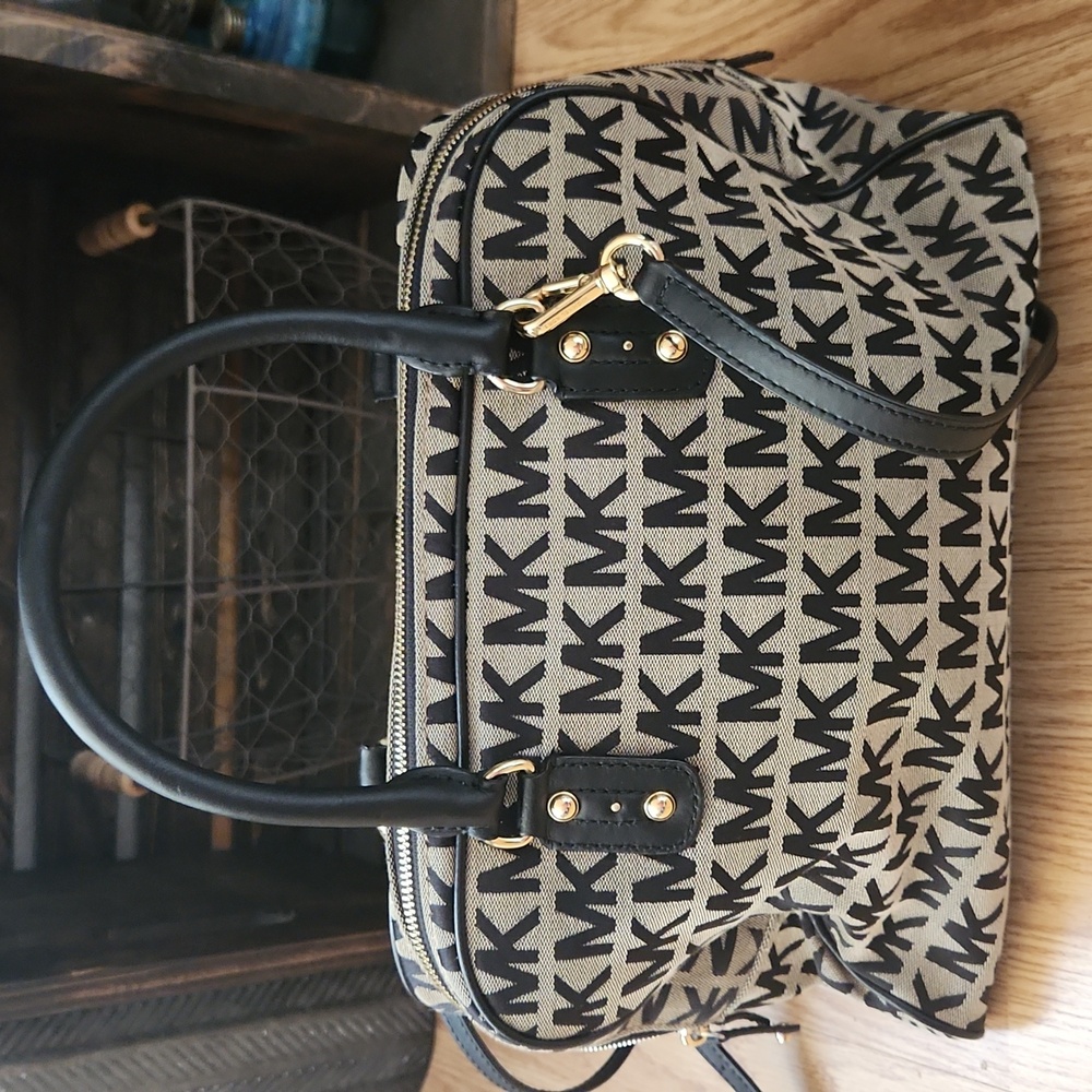 Michael Kors Black and Tan MK Pattern Satchel - Picture 2 of 10